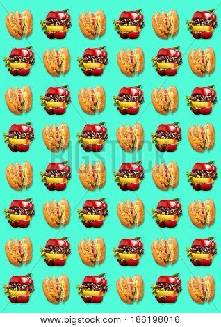 Healthy and unhealthy sandwich with fresh pepper, onion, salad lettuce. Detox diet. Abstract pattern