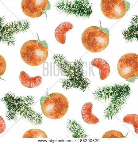 Watercolor seamless pattern with fir tree branches and tangerine. Watercolor illustration on white background. Seamless pattern can be used for web backgrounds or textile.