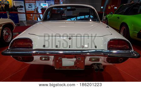 STUTTGART GERMANY - MARCH 02 2017: Sports car Mazda Cosmo Sport 110S Series II 1970. Rear view. Europe's greatest classic car exhibition 
