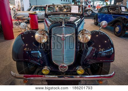 STUTTGART GERMANY - MARCH 02 2017: Vintage car Adler Trumpf Junior 1E Sports Cabriolet 1938. Europe's greatest classic car exhibition 