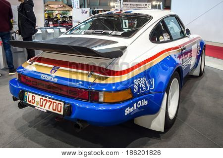 STUTTGART GERMANY - MARCH 02 2017: Racing car Porsche 911 by Crossroad Solutions 1984. Rear view. Europe's greatest classic car exhibition 