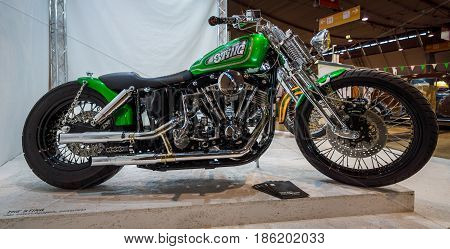 STUTTGART GERMANY - MARCH 02 2017: Classic motorcycle Harley-Davidson Shovelhead 1980. Europe's greatest classic car exhibition 