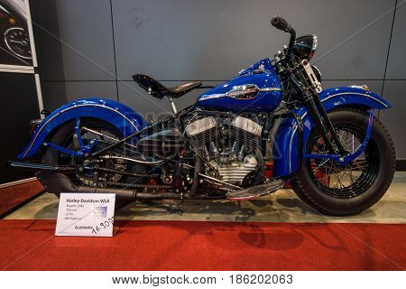STUTTGART GERMANY - MARCH 02 2017: US Army motorcycle Harley-Davidson WLA 1942. Europe's greatest classic car exhibition 