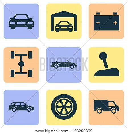 Automobile Icons Set. Collection Of Wheel, Wheelbase, Convertible Model And Other Elements. Also Includes Symbols Such As Truck, Cabriolet, Chassis.