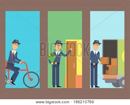 Set of cards with postman delivery man character vector courier occupation carrier cute male package transportation. Mail business shipping deliver cheerful professional people with envelope.