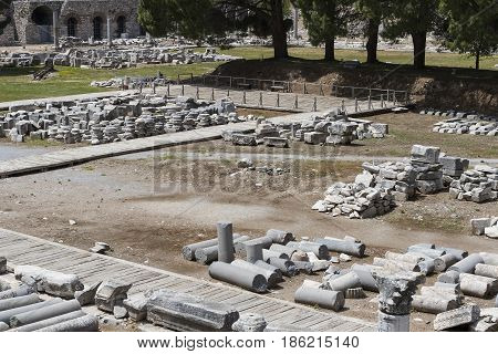 The ruins of the ancient antique city of Ephesus the library building of Celsus, the amphitheater temples and columns. Candidate for the UNESCO World Heritage List