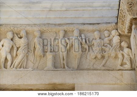 The ruins of the ancient antique city of Ephesus the library building of Celsus, the amphitheater temples and columns. Candidate for the UNESCO World Heritage List