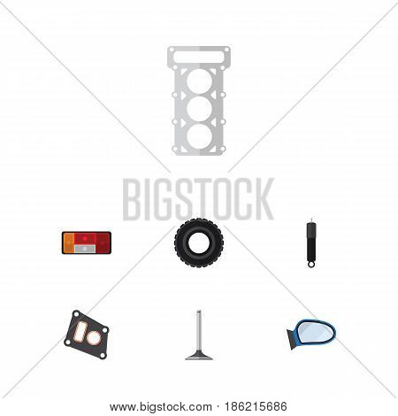 Flat Auto Set Of Auto Component, Headlight, Packing And Other Vector Objects. Also Includes Valve, Segment, Gasket Elements.