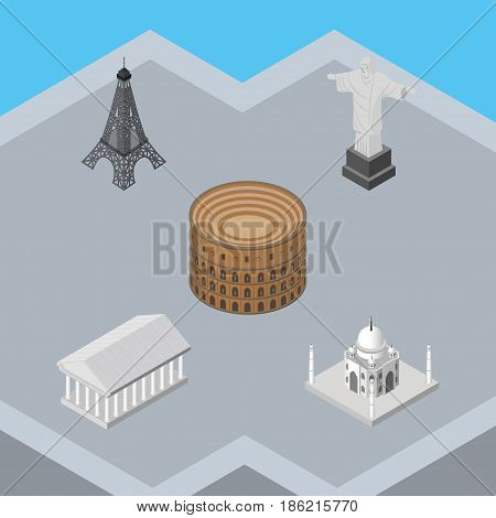 Isometric Travel Set Of Athens, Rio, India Mosque And Other Vector Objects. Also Includes Rome, Taj, Acropolis Elements.