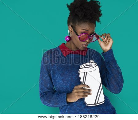 African Woman with Sunglasses Holding a Can Beverage