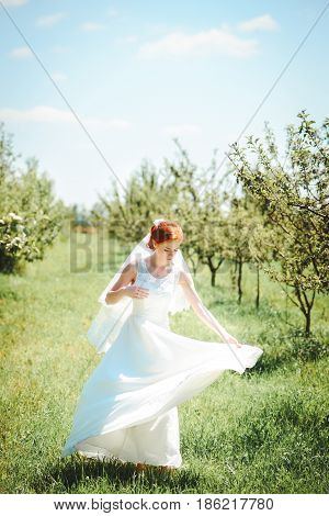 Young Beautiful Blonde Woman In Blooming Garden. Bride.