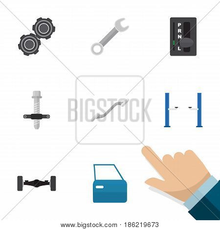 Flat Service Set Of Belt, Auto Jack, Suspension And Other Vector Objects. Also Includes Spanner, Pulley, Coupler Elements.