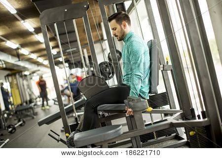 Young Man Doing Exercise For Triceps In The Gym On Mashine