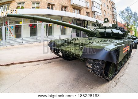 Samara Russia - May 6 2017: New military modified russian army main battle tank T-72B3M in green camouflage at the city street in Samara Russia