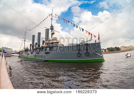 ST. PETERSBURG RUSSIA - JULY 29 2016: The legendary revolutionary cruiser Aurora at the place of eternal parking on the Petrograd embankment