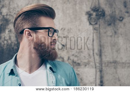 Profile Portrait Of Stylish Hot Bearded Nerdy In Casual Outfit Outside. So Harsh And Virile