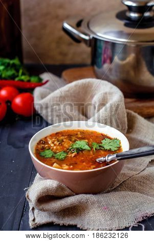 Georgian soup kharcho with cilantro and vegetables. The national Georgian dish is served with fresh lavash. Soup kharcho with vegetables and cilantro on a wooden table.