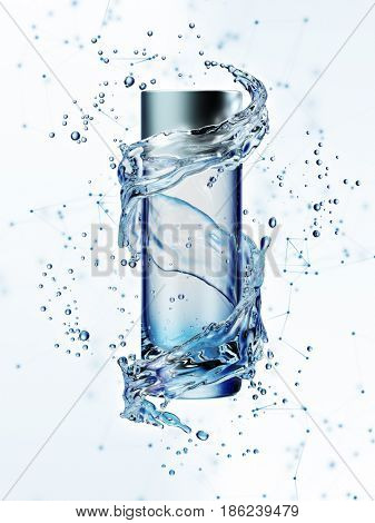 Cream bottle mock up in water splash on blue background. 3D illustration
