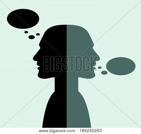 Heads turned away from each other in communication.Talk and think concept.