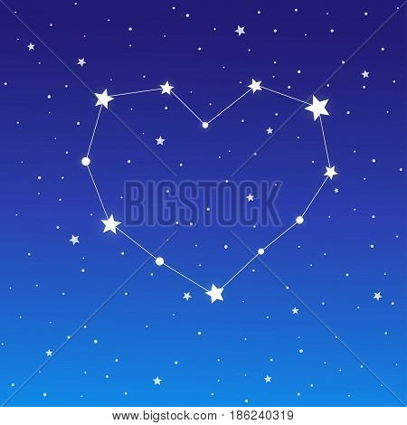 Heart shaped star constellation on starry blue night sky. Valentine's day abstract vector background illustration.