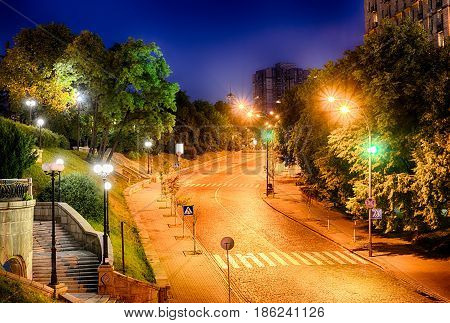 Alley of Heroes of the Heavenly Hundred in Kiev. Night view of the Instytutska Street near Khreshchatyk street and a central square - Maidan Nezalezhnosti in capital of Ukraine - Kyiv