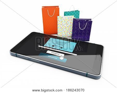 3D Illustration Of Phone And Bags. E-commerce Concept