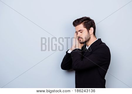 Dream At Work. Tired Overworked Bearded Employee In Formalwear Sleeping After Working Day