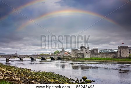 Rainbow over King Johns Castle in Limerick, Ireland