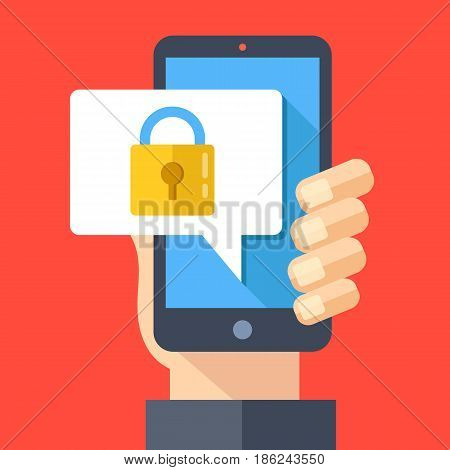 Hand holding smartphone with speech bubble and lock on screen. Padlock icon. Locked device, password, lock screen, mobile security concepts. Modern flat design vector illustration