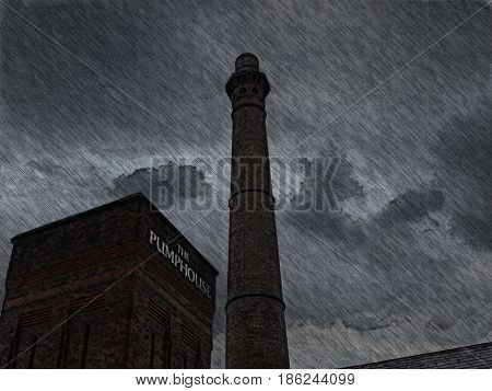 An industrial old looking workhouse in stormy weather illustration