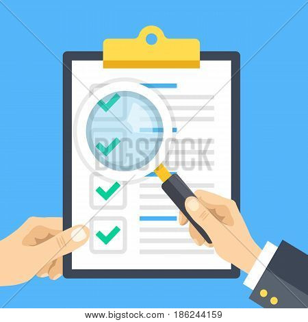 Hand holding checklist clipboard and hand holding magnifying glass. Clipboard with check marks, tick icons. Analysis, review, examination, checkup, inspection concepts. Flat design vector illustration