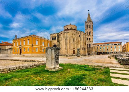 Scenic view at old colorful public outdoors architecture in Zadar city, european travel places, Croatia Europe.
