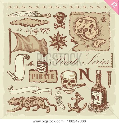 Vintage illustration of pirate related sketches. Layered vector set.