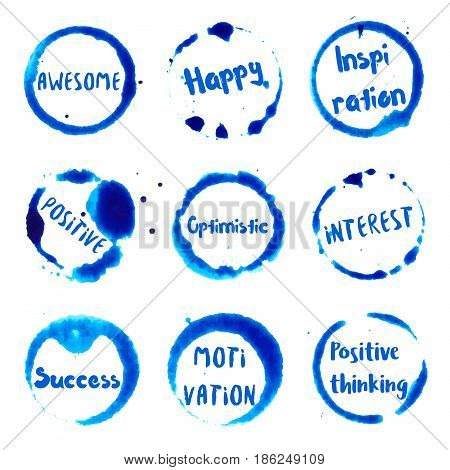 Positive Thinking Collection Of Round Watercolor Stains With Awesome, Happy, Inspiration, Positive,