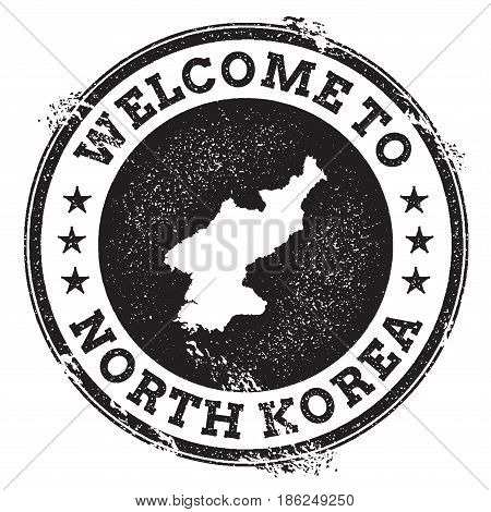 Vintage Passport Welcome Stamp With Korea, Democratic People's Republic Of Map. Grunge Rubber Stamp 
