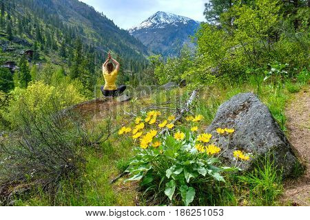 Woman meditating in nature. Alpine meadows in Cascade Mountains. Oregon. The United States.