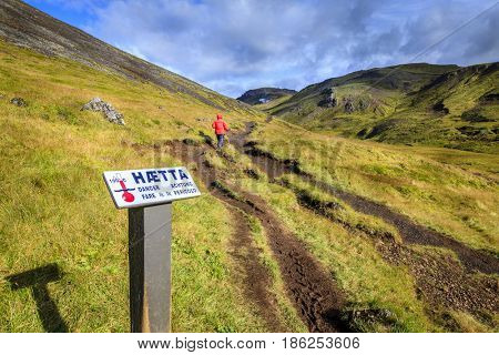 Hiking along Hot River in Reykjadalur Valley in South Iceland