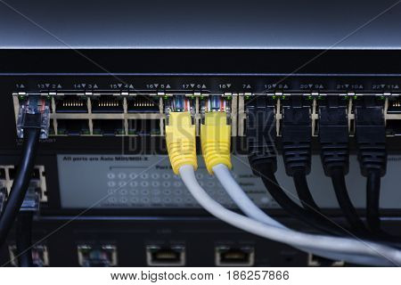 Close up of yellow and black network cables connected to network switch in the dark