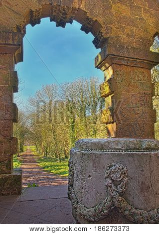 Bristol UK - April 02 2017: View of Vanbrugh's Echo pavilion showing the lost statue at the centre. The Echo is a loggia at the end of the southeast axis of the Kings Weston house in Bristol Uk