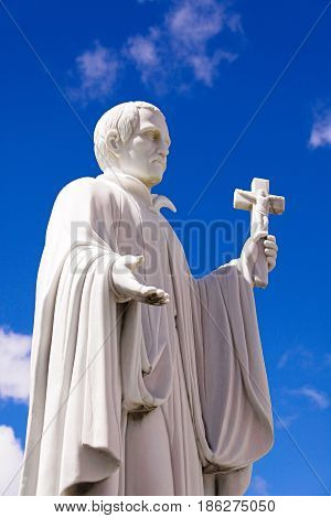 Guam island,USA - May 25, 2016:Statue of Missionary Saint Bitoresu at Dulce Nombre de Maria Cathedral Basilica of Guam Island,USA