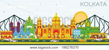 Kolkata Skyline with Color Landmarks and Blue Sky. Business Travel and Tourism Concept with Historic Buildings. Image for Presentation Banner Placard and Web Site.
