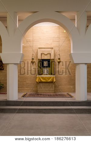 GALILEE, ISRAEL - DECEMBER 3: Interior of the Sanctuary of the Word in Domus Galilaeae on the Mount of Beatitudes near the Sea of Galilee, Israel on December 3, 2016