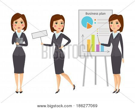 Vector business woman character silhouette standing adult office career posing young girl. Manager looking occupation worker success job portrait professional design illustration.