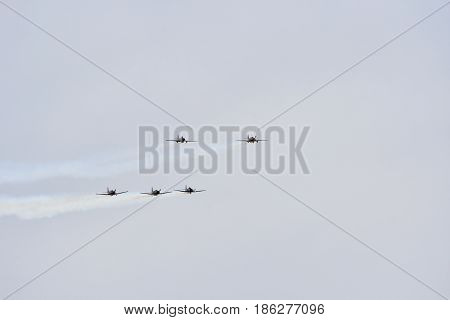 Albion Park Australia - May 6 2017. Display of Russian Roolettes Formation Team. Wings Over Illawarra is an annual air show held at Illawarra Regional Airport.
