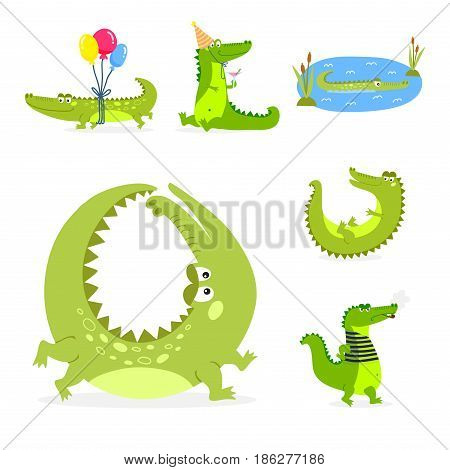 Cartoon green crocodile funny predator and australian wildlife river reptile carnivore alligator scales teeth flat vector illustration. Tropical africa safari zoo character crocodylus.