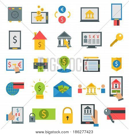 Money finanse banking safety icons business currency card deposit payment vector illustration. Exchange commerce symbols check investment payment design