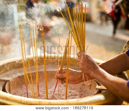 Incense in the temple Asian Buddhist temple
