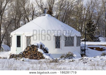 Yurt Tiny House In Town Of Kelly In Jackson Hole Wyoming During Winter Time