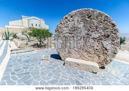 The Memorial church of Moses and the old portal of the monastery at Mount Nebo Jordan
