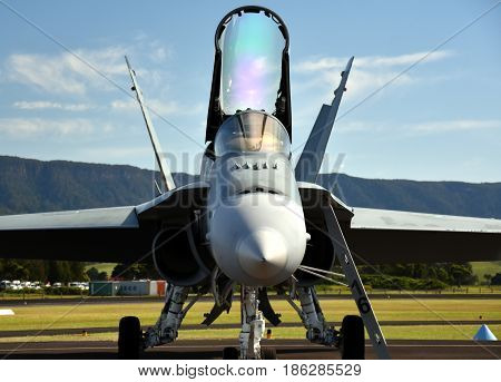 Albion Park Australia - May 6 2017. RAAF F/A-18 Hornets. Wings Over Illawarra is an annual air show held at Illawarra Regional Airport.